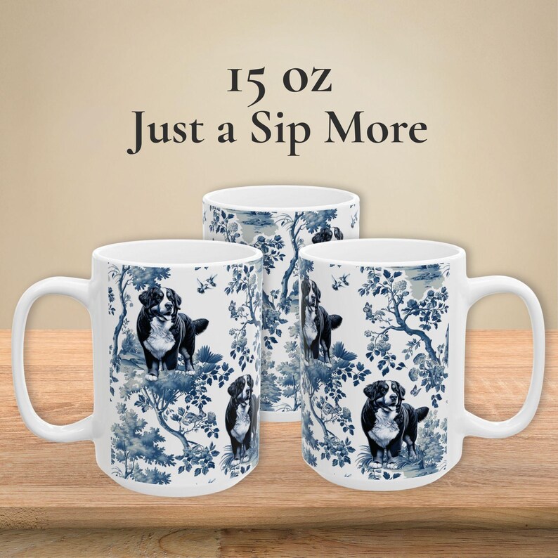 Berner sennenhundmugg Berner blå och vit toilemugg elegant hundälskare present Berner mamma kaffekopp fransk lantlig stil retro blommig 15oz