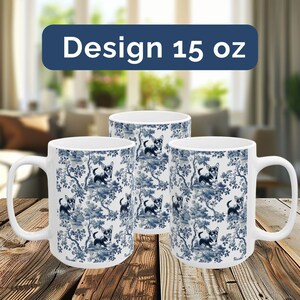 May include: Three white ceramic mugs with a blue and white pattern of a chihuahua dog in a garden setting. The mugs are 15 ounces each. Design 15 oz.