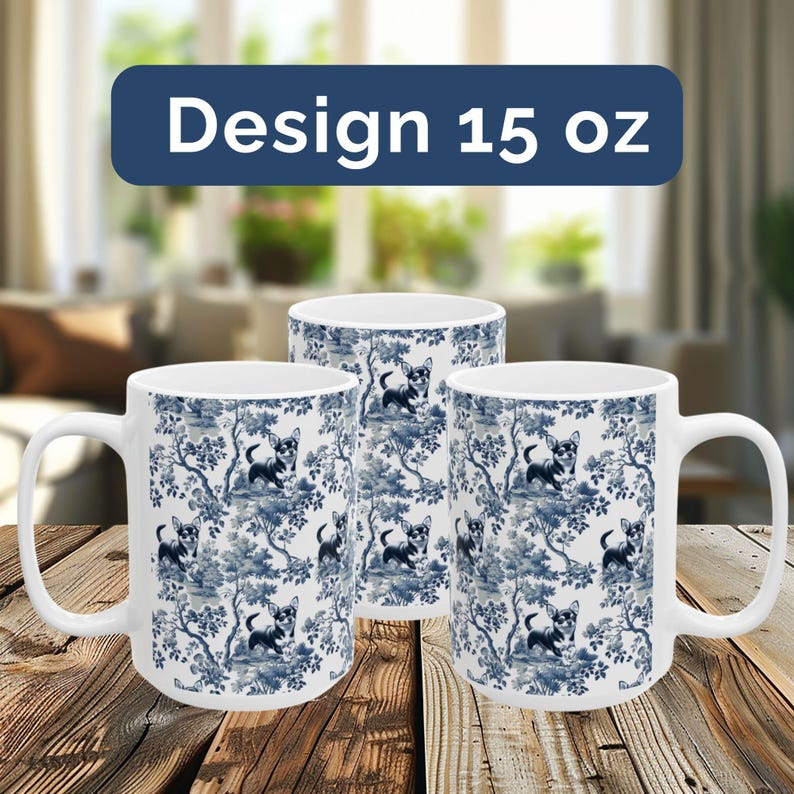 May include: Three white ceramic mugs with a blue and white pattern of a chihuahua dog in a garden setting. The mugs are 15 ounces each. Design 15 oz.