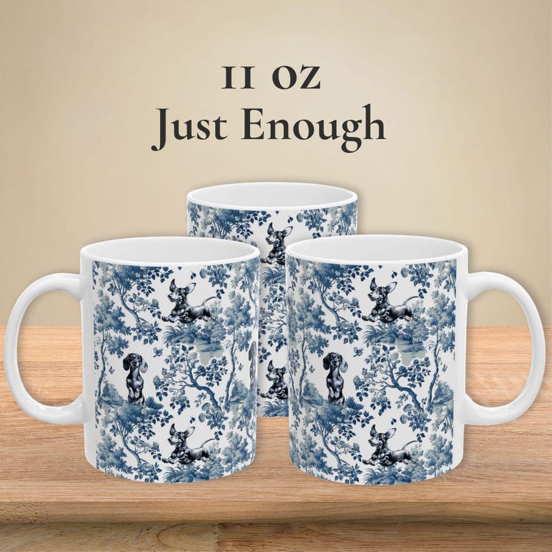 Taza de regalo con diseño de perro salchicha para mamá de perro salchicha, taza de té con estampado de perro salchicha y toile, regalo azul y blanco con diseño chinoiserie para mamá de perro salchicha. 11oz