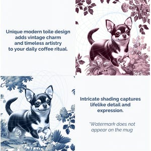 May include: A blue and white ceramic coffee mug with a detailed illustration of a chihuahua dog in a vintage toile pattern. The mug features intricate shading and a whimsical design.