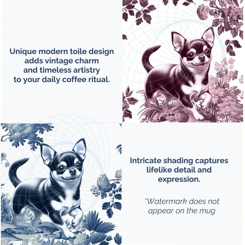 May include: A blue and white ceramic coffee mug with a detailed illustration of a chihuahua dog in a vintage toile pattern. The mug features intricate shading and a whimsical design.