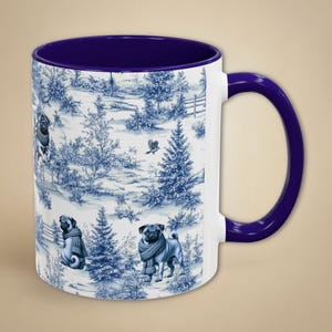 Pug Mug Dog Mom Gift Blue and White Toile Coffee Cup for Pug Lover Chinoiserie Style Funny Dog Dad Present Grandmillennial Decor