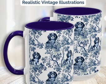 Cavalier King Charles Spaniel Mug for Dog Mom Gift, French Toile CKCS Lover Ceramic Tea Cup, Blue White Chinoiserie Coffee Cup