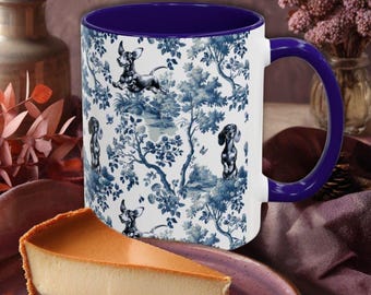 Dachshund Mug Gift for Wiener Dog Mom, Toile Sausage Dog Coffee Lover Tea Cup, Blue and White Chinoiserie Weenie Puppy Present for Doxie Mom