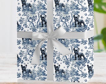 French Bulldog Wrapping Paper Blue Toile Gift Wrap for Frenchie Mom, Holiday Gift Wrap Retro French Country Christmas Dog,  Birthday Wrap
