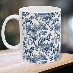 Horse Toile Mug Retro French Equine Coffee Cup Elegant Equestrian Gift for Horse Lovers Blue and White Chinoiserie Mug Gift for Mom Friend