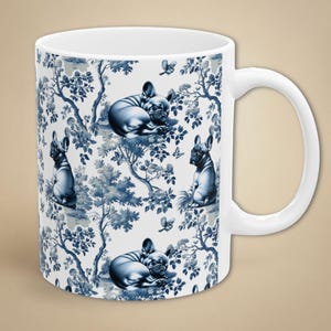 French Bulldog Mug Blue and White Toile Mug Frenchie Mom Coffee Cup Dog Lover Gift Retro Inspired Drinkware Elegant French Style Cup