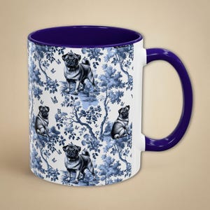 Pug Mug Toile Coffee Cup for Dog Mom Gift, Blue and White Grandmillennial Tea Mug New Dog Present, Retro Dog Housewarming Gift