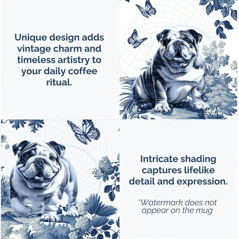 English Bulldog Mug Blue Toile Coffee Cup for Bulldog Mom Gift, French Country British Bulldog Tea Cup, Cute Bulldog Cup Housewarming Gift image 3