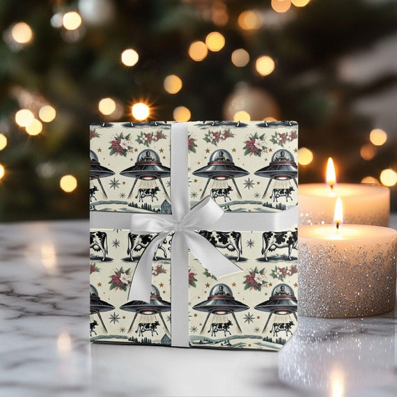 UFO Wrapping Christmas Paper Cow Gift Wrap Christmas Holiday Paper UFO