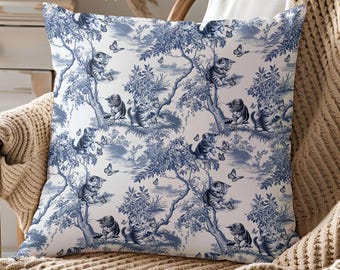 Cat Pillow Cover Gift from Cat for Mom, Blue White Toile Decorative Accent Throw Pillow, Chinoiserie Home Decor or Housewarming for Cat Lady