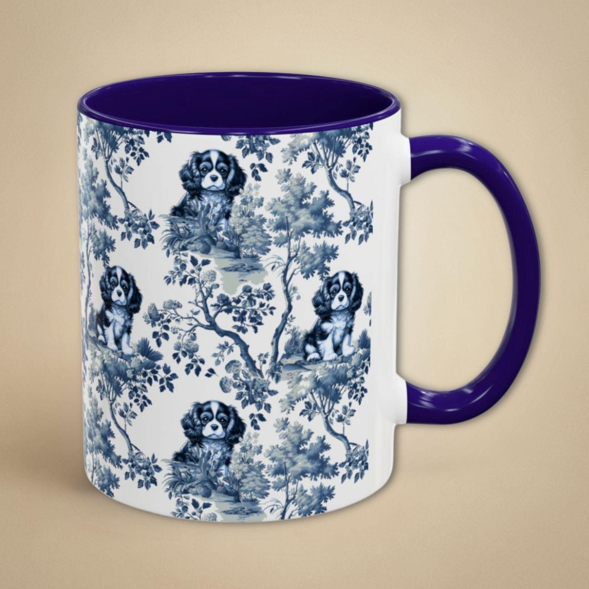 Cavalier King Charles Spaniel Mug for Dog Mom Gift, French Toile CKCS Lover Ceramic Tea Cup, Blue White Chinoiserie Coffee Cup