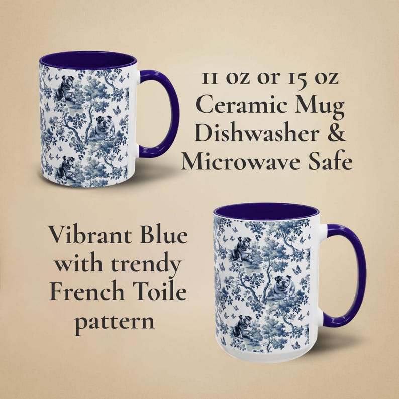May include: A white ceramic mug with a vibrant blue rim and handle. The mug features a blue and white toile pattern with a repeating design of stylised dogs and butterflies. The text "II oz or 15 oz Ceramic Mug Dishwasher & Microwave Safe" is printed in black on a white background.