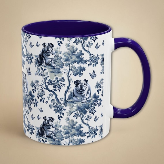 English Bulldog Mug Blue Toile Coffee Cup for Bulldog Mom Gift, French Country British Bulldog Tea Cup, Cute Bulldog Cup Housewarming Gift