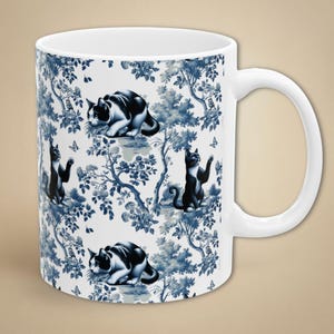 Tuxedo Cat Toile Mug Cat Mom Gift Blue French Country Ceramic Coffee Retro Chinoiserie Tea Mug Black White Cat Lover Present for Her