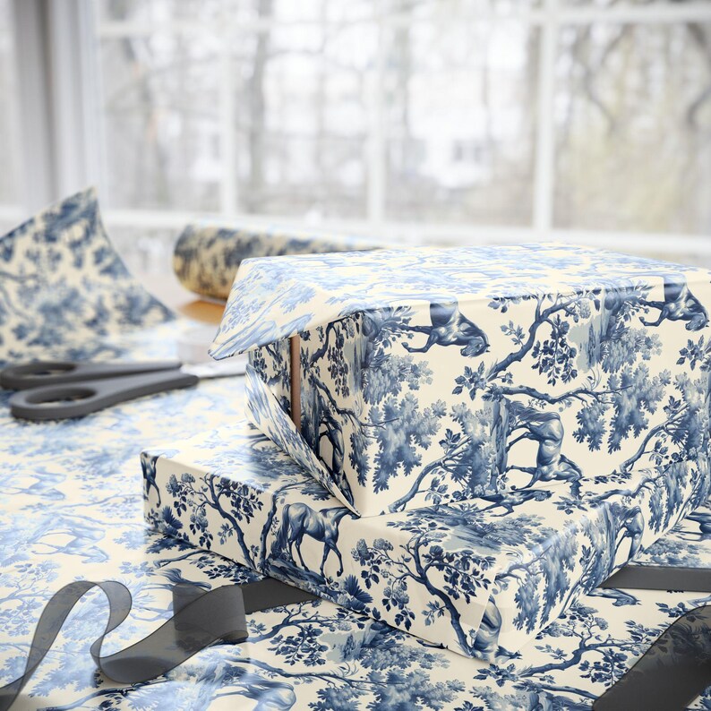 Blue Floral Equestrian Gift Wrap Toile Wrapping Paper Horse Lovers Christmas Gift Wrap Holiday Packaging Elegant Animal Print Paper image 9