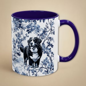 Toile Bernese Mountain Dog Mug Berner Blue and White Mug Elegant Dog Lover Gift Bernese Mom Coffee Cup French Country Style Vintage Floral