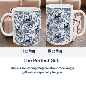May include: Two white ceramic mugs with a blue and white pattern of a chihuahua dog in a garden setting. The mug on the left is 11 ounces and the mug on the right is 15 ounces.