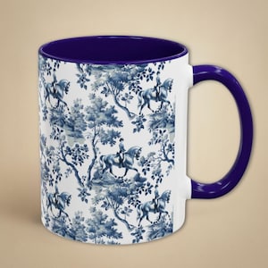 Horse Toile Mug Retro French Equine Coffee Cup Elegant Equestrian Gift for Horse Lovers Blue and White Chinoiserie Mug Gift for Mom Friend