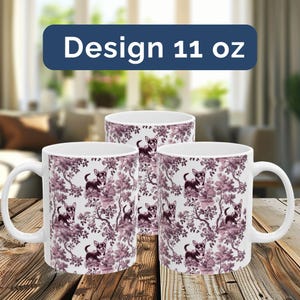 May include: Three white ceramic mugs with a design of a black and white chihuahua in a pink floral pattern. The mugs are 11 ounces each.