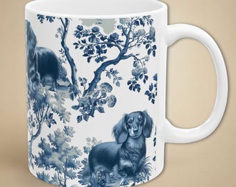 Dachshund Mug Gift for Long haired Wiener Dog Mom, Toile Sausage Dog Coffee Lover Tea Cup, Chinoiserie Weenie Puppy Present for Doxie Mom