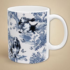 Toile Basset Hound Mug Retro Blue and White Coffee Cup Dog Lover Gift, Basset Hound Mom Elegant French Country Tea Mug, Housewarming Gift