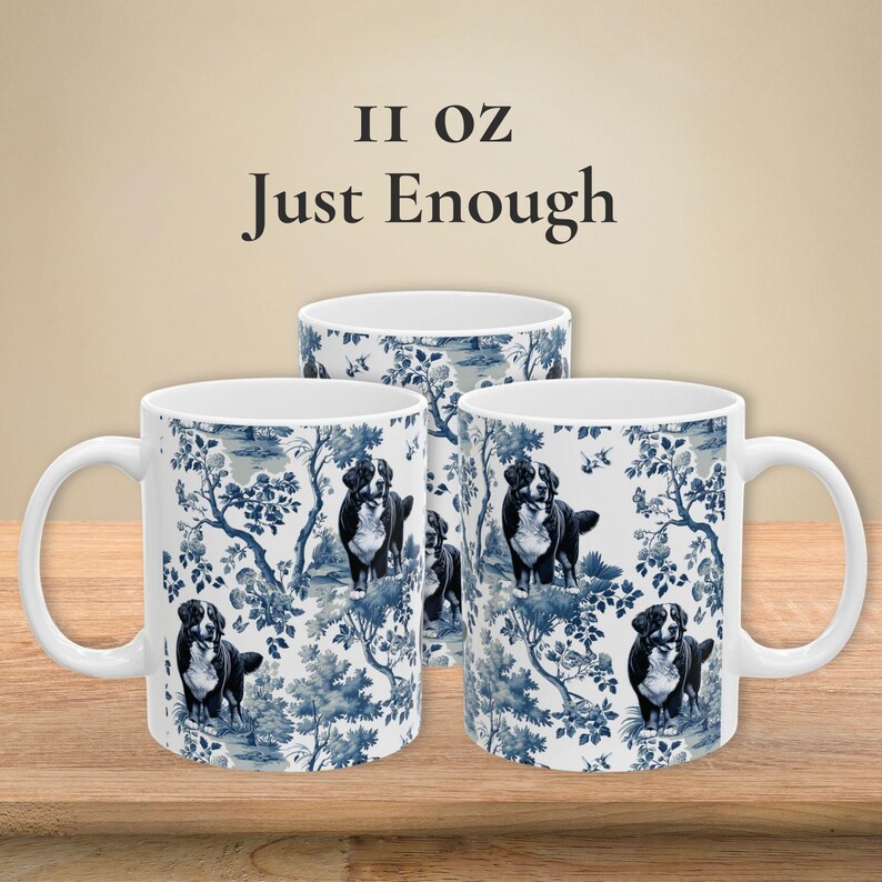 Berner sennenhundmugg Berner blå och vit toilemugg elegant hundälskare present Berner mamma kaffekopp fransk lantlig stil retro blommig 11oz