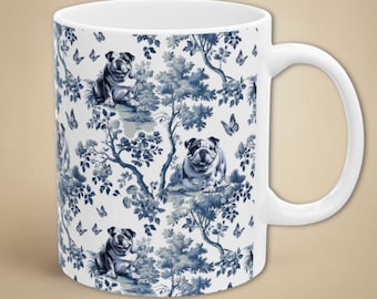 English Bulldog Mug Blue Toile Coffee Cup for Bulldog Mom Gift, French Country British Bulldog Tea Cup, Cute Bulldog Cup Housewarming Gift