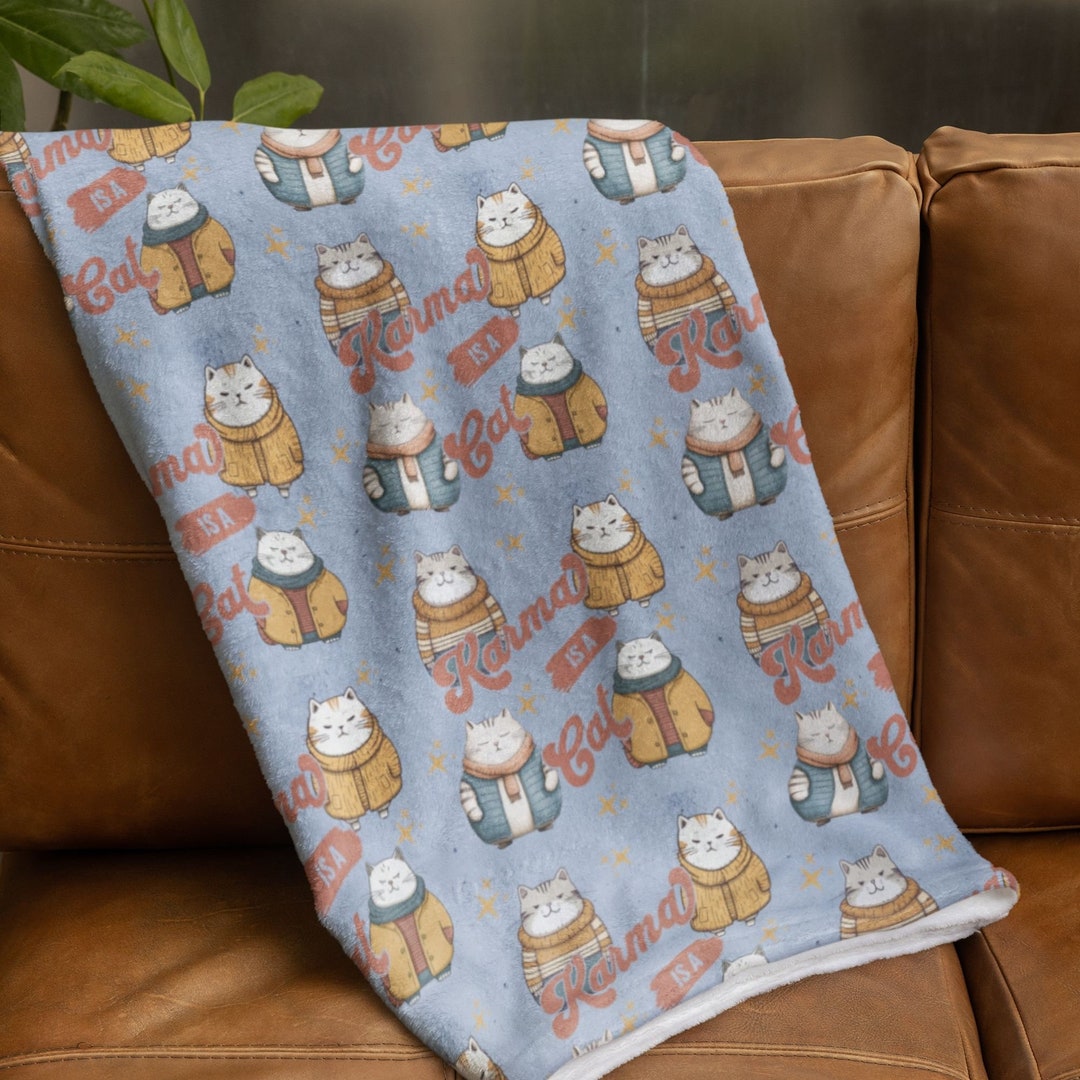 Karma is a Cat Throw Blanket Fat Grey Cat Print Fleece Etsy