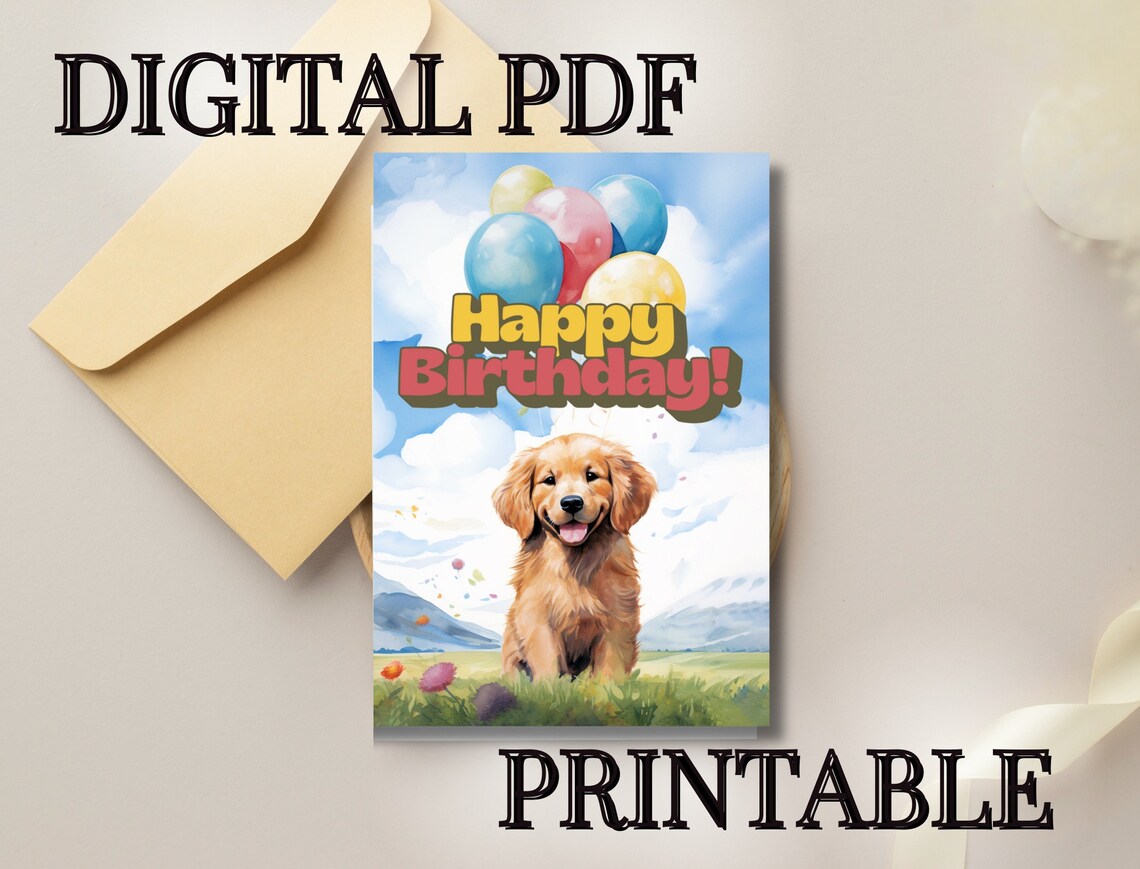 Golden Retriever Printable Birthday Card Cute 5 X 7 Foldable - Etsy