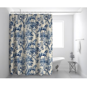 Toile de Jouy Equestrian Rodeo Shower Curtain for Horse Lover Gift, Zen-Inspired Bosporus Earthy Bathroom Decor, Equestrian Home Decor,