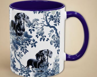 Dackel Becher Geschenk für Dackel Hund Mutter, Toile Wurst Hund Kaffee Liebhaber Teetasse, Blau und Weiß Chinoiserie Weenie Welpen Geschenk für Doxie Mutter