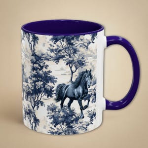 Toile Horse Mug Retro Equine Coffee Cup Blue Western Toile Equestrian Gift Chinoiserie Cowboy Mug Horse Lover Gift French Country Decor