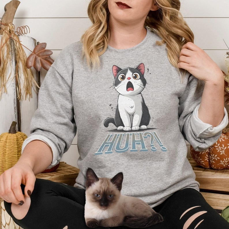 Huh Cat Meme Sweatshirt for Crazy Cat Lady Huh Cat Shirt Tuxedo Cat ...
