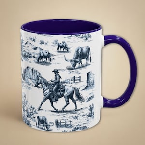 Western Horse Mug Blue Toile Cowboy Dad Coffee Cup Equestrian Gift for Horse Lover Farmhouse French Country Home Decor Gift for Horse Mom
