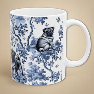 Toile Pug Mug Chinoiserie Coffee Cup for Pug Mom Gift, Blue and White Grandmillennial Tea Mug New Dog Present, Retro Dog Housewarming Gift