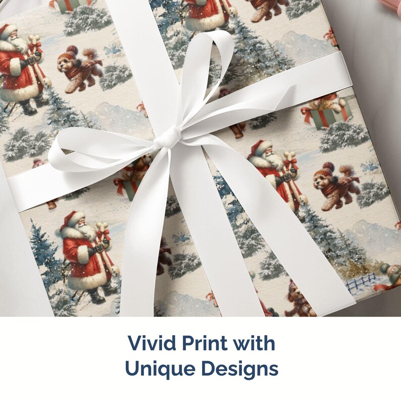 May include: A wrapped gift with a white satin ribbon. The wrapping paper features a winter scene with Santa Claus, dogs, and Christmas trees. The text "Vivid Print with Unique Designs" is at the bottom.