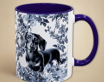 Dachshund Mug Gift for Wiener Dog Mom, Toile Sausage Dog Coffee Lover Tea Cup, Blue and White Chinoiserie Weenie Puppy Present for Doxie Mom