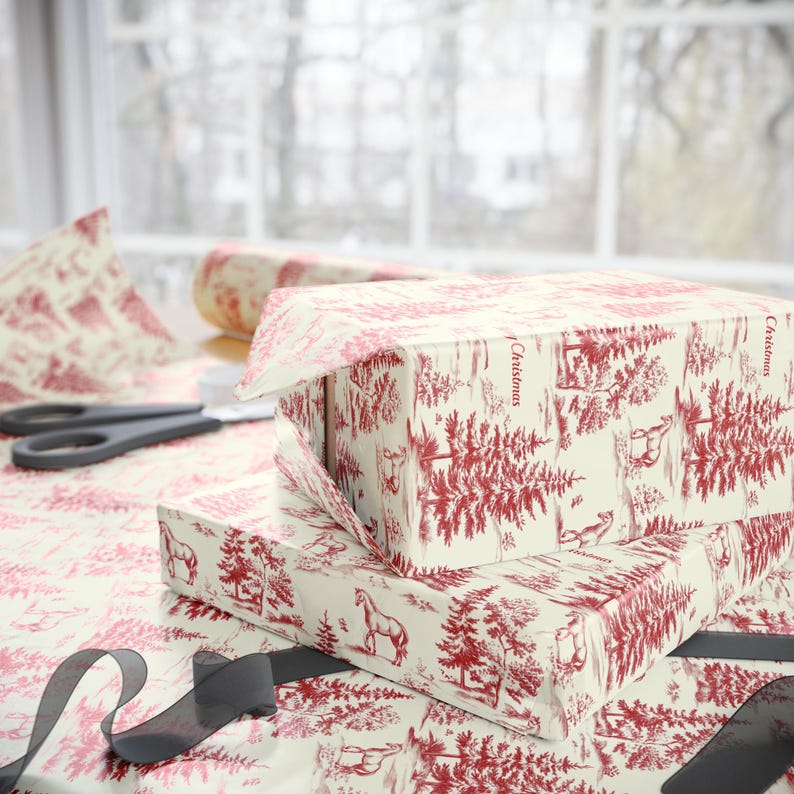 Horse Wrapping Paper, Red Toile Merry Christmas Gift Wrap, Equestrian Holiday Roll, Horse Lover Present Paper Bild 8