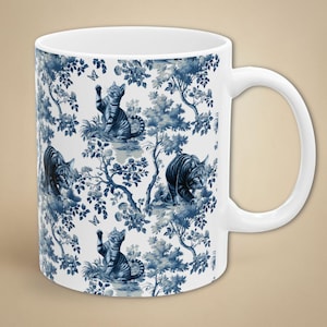 Tabby Cat Toile Mug Mom Gift Blue French Country Ceramic Coffee Cup Retro Chinoiserie Tea Mug Crazy Cat Lady Home Decor Present for Her