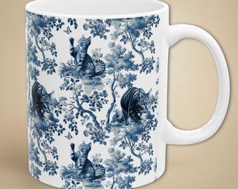 Taza de Toile de Gato Atigrado, Regalo para Mamá, Taza de Café de Cerámica Azul de Estilo Francés, Taza de Té Chinoiserie Retro, Regalo para la Mujer Loca de los Gatos, Decoración del Hogar, Regalo para Ella