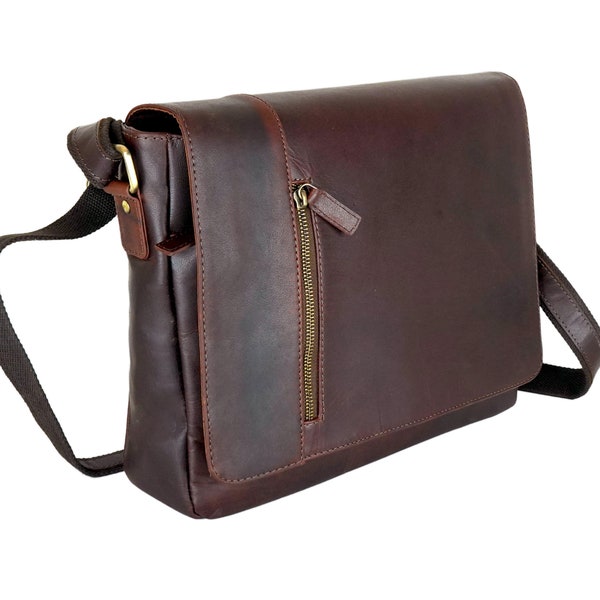 Messenger bag - Full Grain Leather For 13.3" Padded Laptop Compartment Multiple Pockets Good For Work Uni, Can Wear Shoulder Or Cross Body