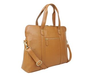 Borsa porta computer portatile in vera pelle: borsa a tracolla color cuoio, borsa da lavoro da donna