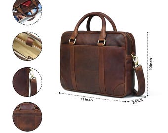 Full-Grain Leather 15" Laptop Briefcase: Wine Red, Padded Compartment