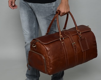 Full Grain Genuine Buffalo Leather Duffle/ Weekender, Holdall Bag, Christmas Gift, With Separate Shoe Pocket, Travel Carry On Bag Handmade