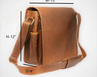 Echtes Vollnarben-Büffelleder Messenger/Crossbody, 15 Zoll Laptop-Abschnitt, andere offene Fächer, Arbeit, Uni, Reisetasche