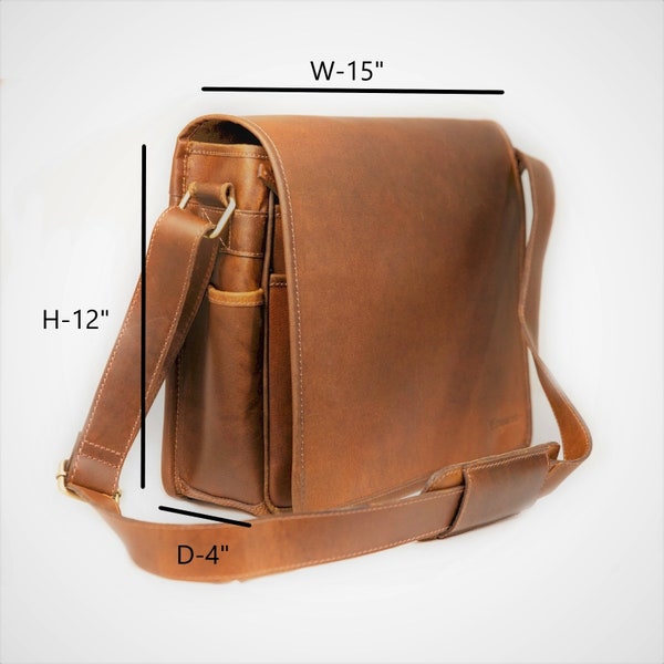 Genuine Full Grain Buffalo Leather Messenger/Cross body, 15" Laptop Section, Other Open Compartment, Work, Uni, Travel Bag