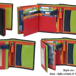 Cuero genuino de vaca suave de varios colores, para 8-10 tarjetas, 2 ranuras para billetes, 3 para identificación con fotografía, 1 bolsillo para monedas, 1 bolsillo con cremallera, RFID seguro, hecho a mano