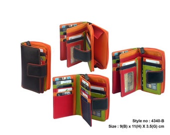 Premium Cow-Hide Leather, Handmade, Ladies Multicolour Wallet, RFID Secure, 12 Card Slots, 2 Notes Compartment, Coin Zipper Pocket